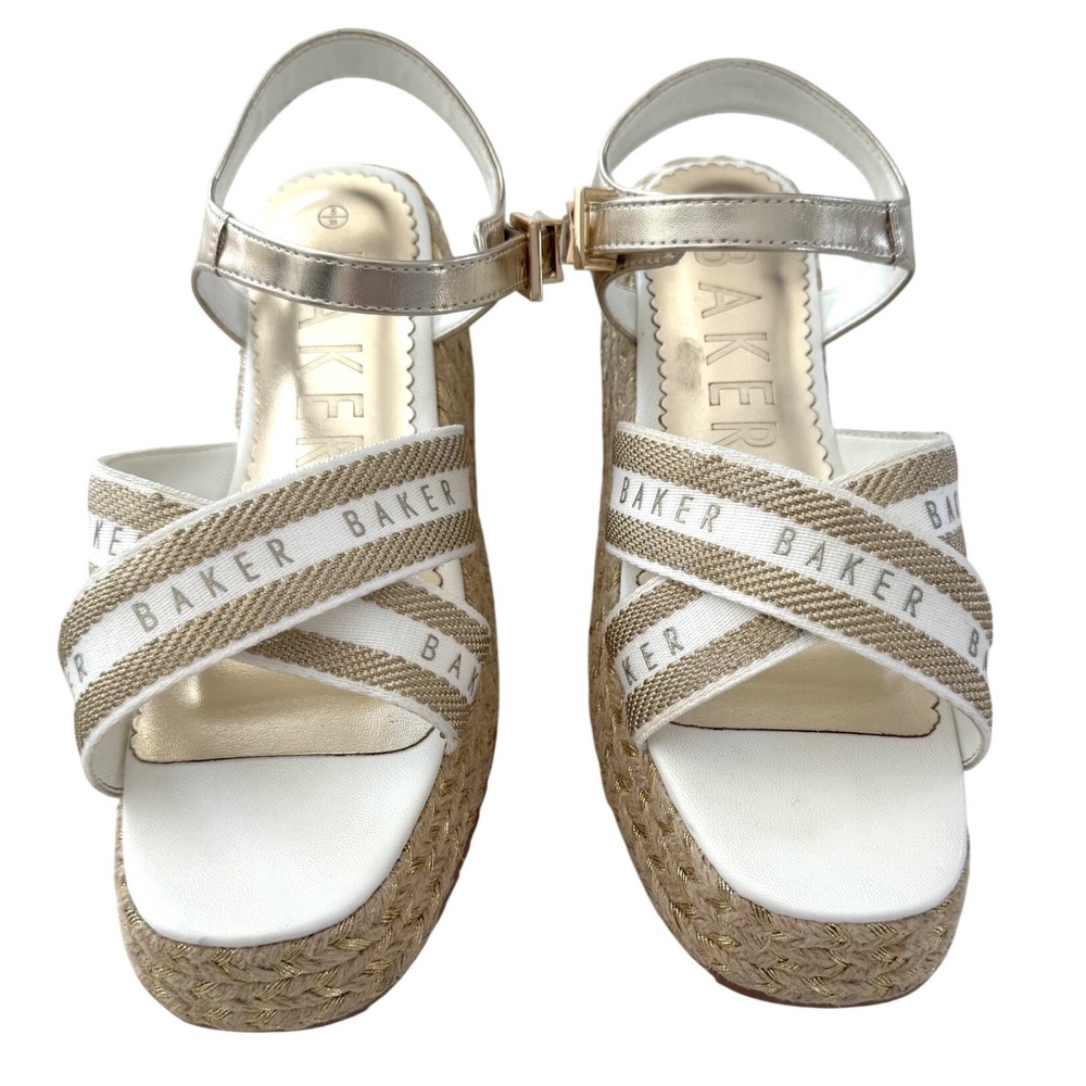 Ted Baker Logo Strap Espadrille Platform Sandals White Gold Size 5 EU 38